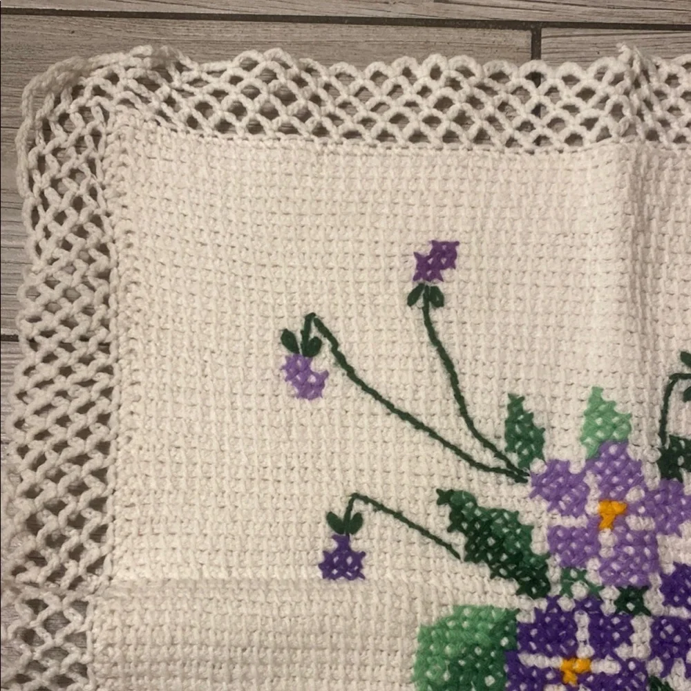 Handmade Cross-Stitch Doily with Purple Flowers Cottagecore Prairie